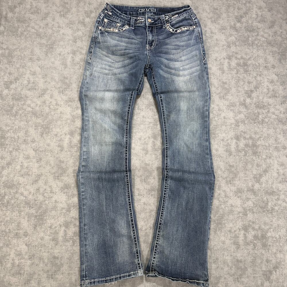 Grace in LA Turquoise Embellished Low Rise Bootcut Jeans Womens 28 Y2K Western